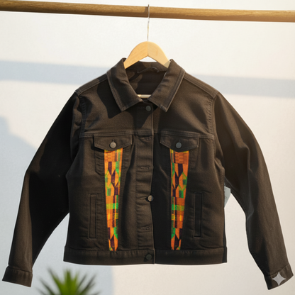 Customizable Kente & Africa Map Denim Jacket – Design Your Heritage